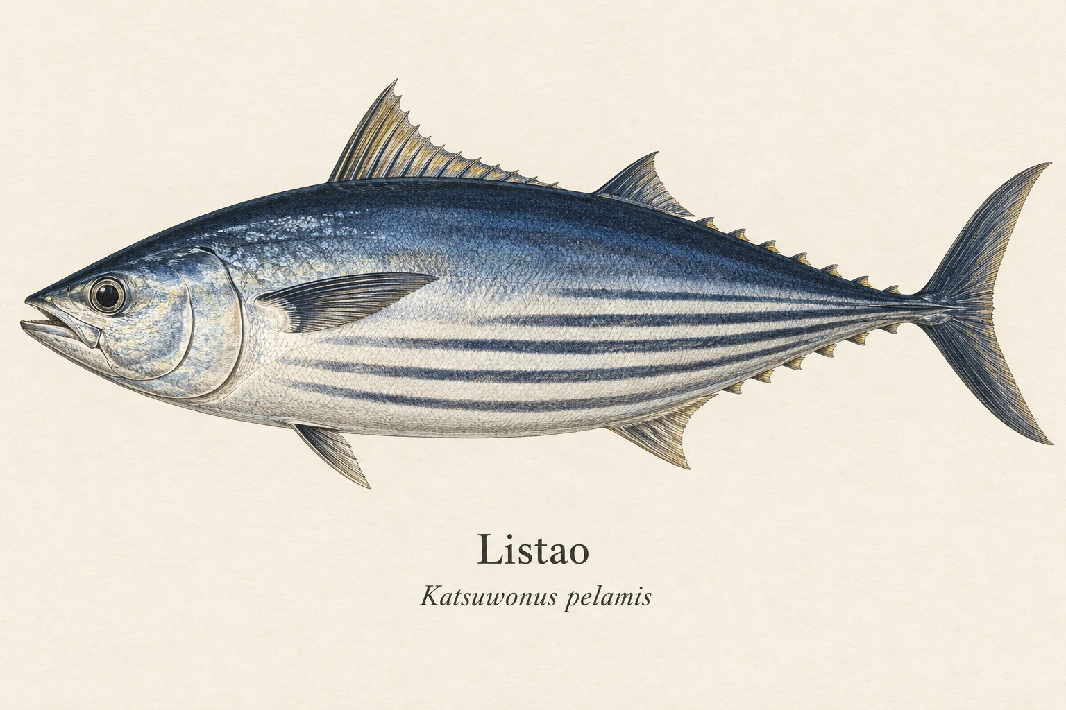 Listao, Katsuwonus pelamis Illustration naturaliste de Listao, Katsuwonus pelamis, pour le guide de pêche à la mouche